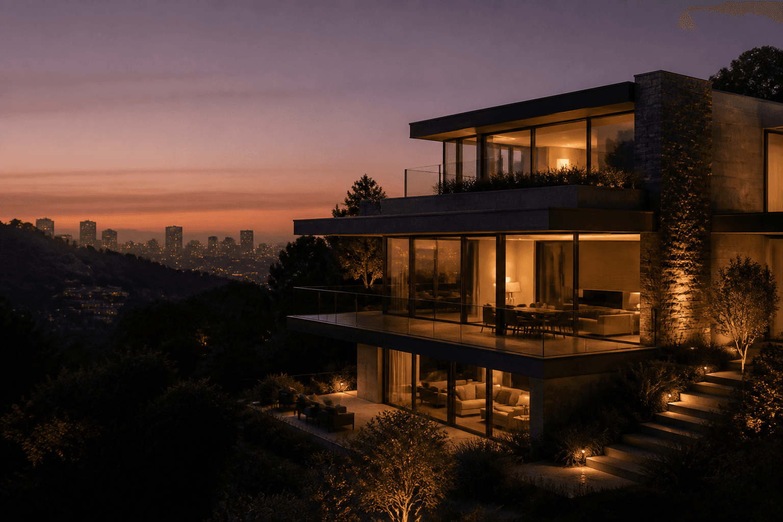 Contemporary rental property overlooking a city at dusk